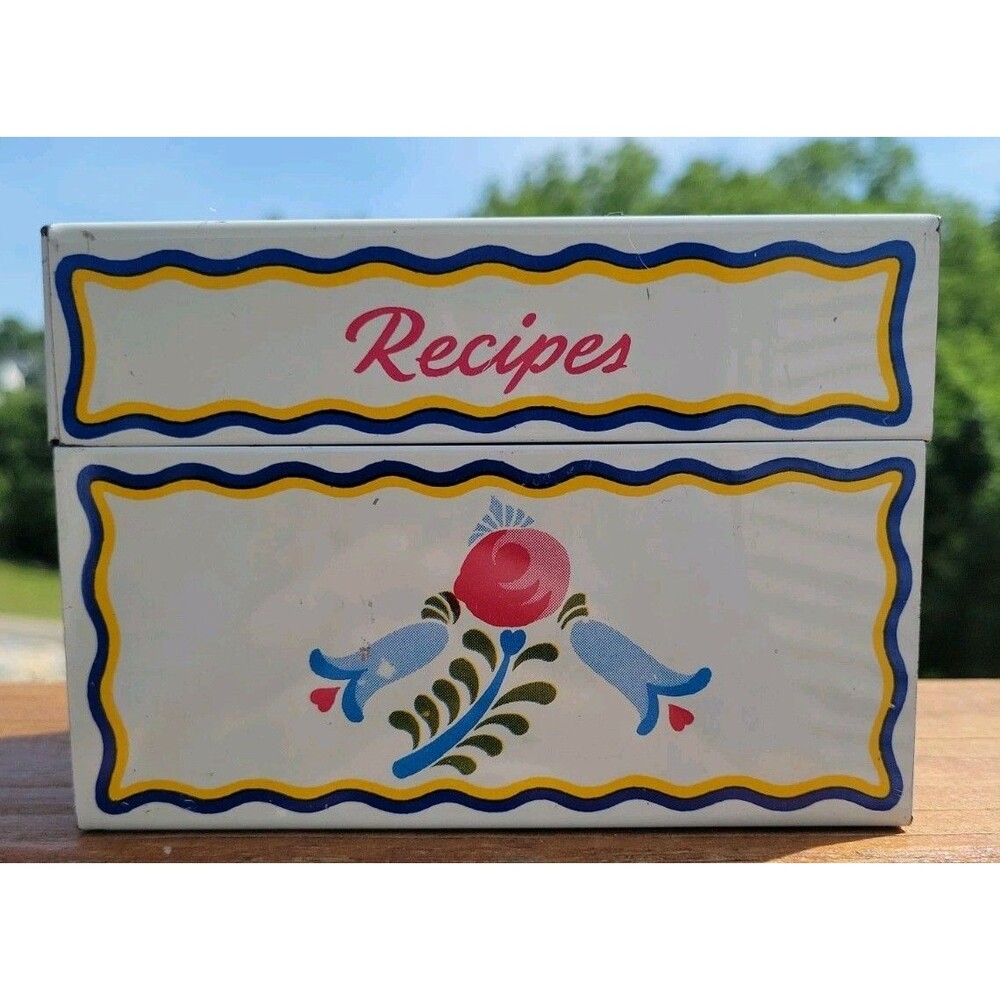 Vintage Ohio Art Co Tin Recipe Box Metal Toleware PA Dutch Cooking Kitchen